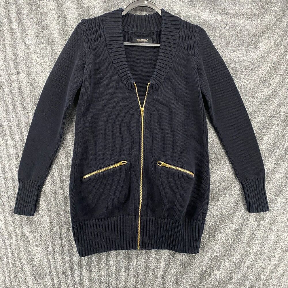 All Saints Cardigan Sweater Womens 6 Blue Full Zip Heavy Academia Prep Old Money